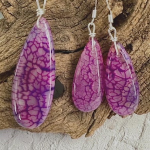 Magenta Agate Earring & Pendant Set, Teardrop Dragon Vein Agate on Cord or Chain image 4