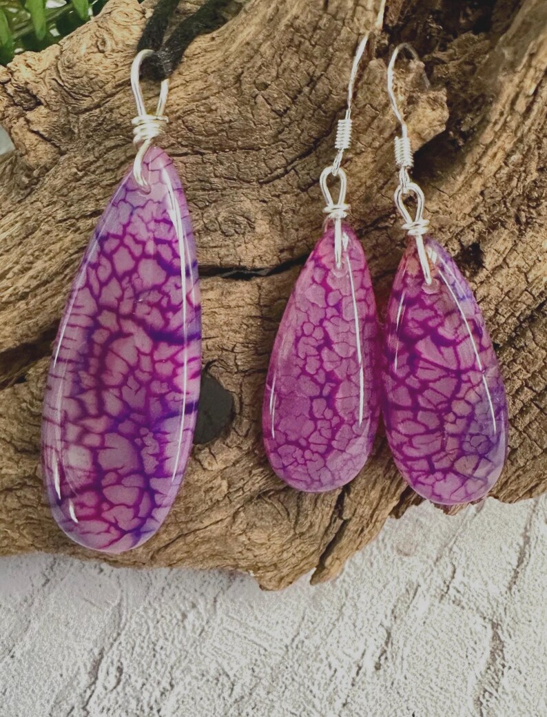 Magenta Agate Earring & Pendant Set, Teardrop Dragon Vein Agate on Cord or Chain image 4