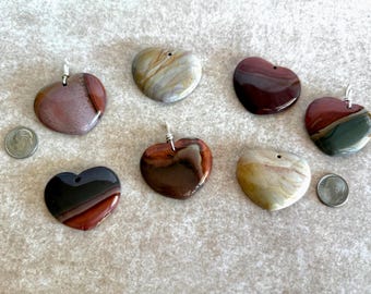 Polychrome Jasper Pendant Necklace, Natural Jasper Heart on Cord or Chain, Choose Stone