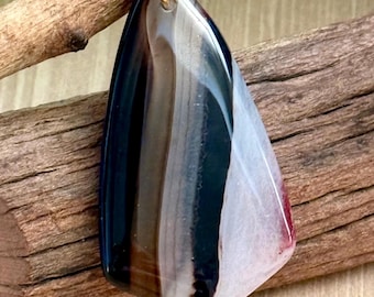 Chocolate Black Striped Agate Pendant Necklace 2.5”, Wire Wrapped Colorful Stone on Cord