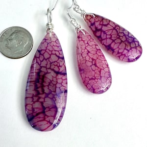 Magenta Agate Earring & Pendant Set, Teardrop Dragon Vein Agate on Cord or Chain image 5