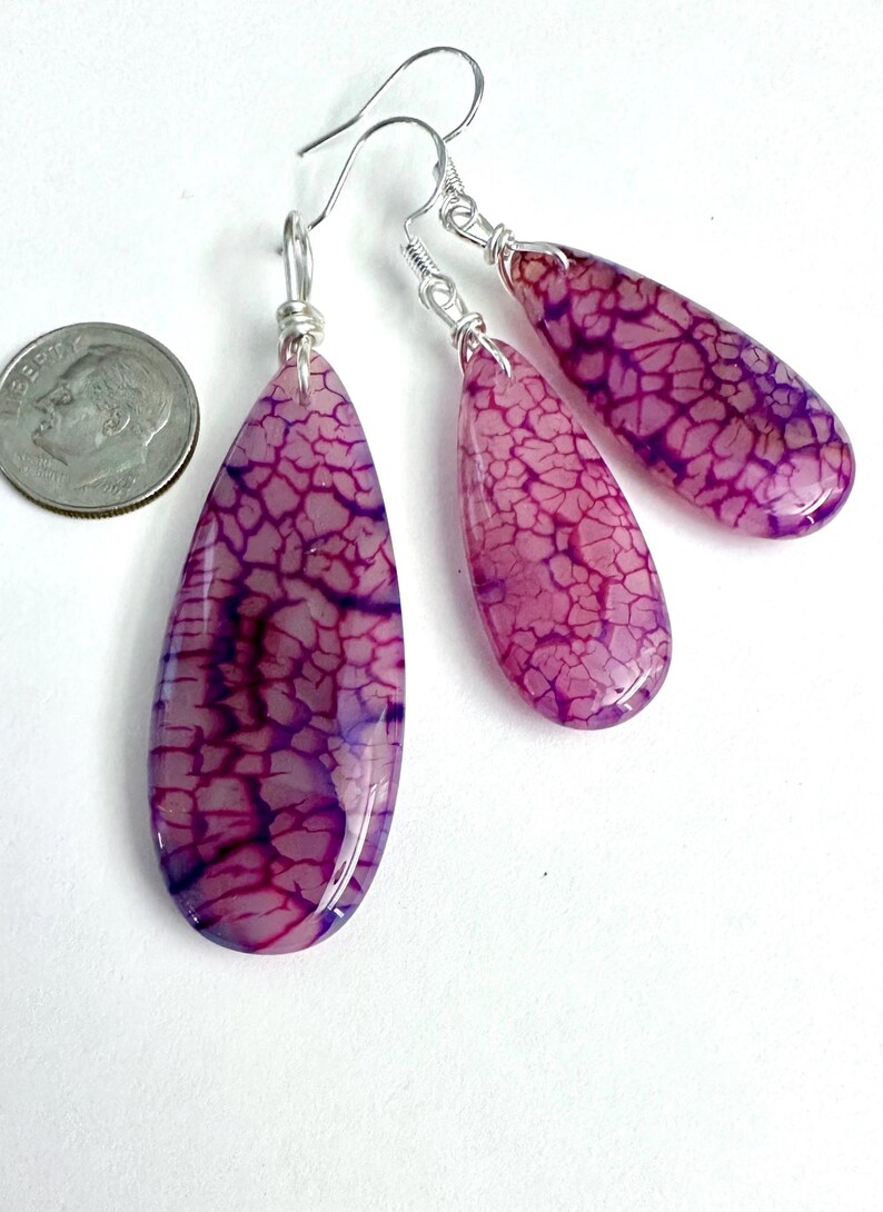 Magenta Agate Earring & Pendant Set, Teardrop Dragon Vein Agate on Cord or Chain image 5