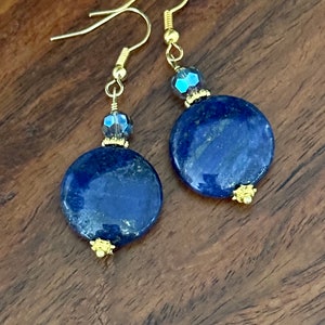 Lapis Lazuli Earrings gold, Blue Lapis Earrings, 1.75 inch, Round Blue Stone Earrings, Gift Idea