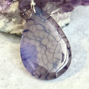 Dragon Vein Agate Pendant: Large Purple Gemstone on Silk Cord