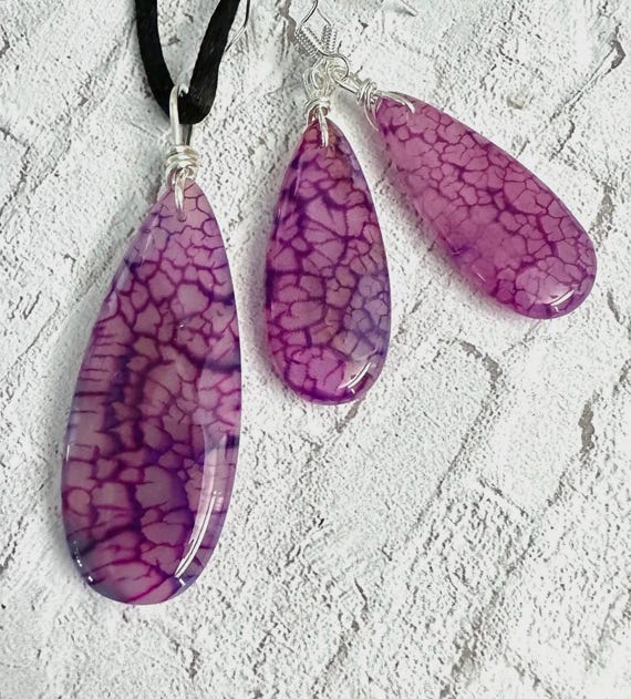 Dragon Vein Agate Pendant & Earring Set: Purple Magenta Jewelry