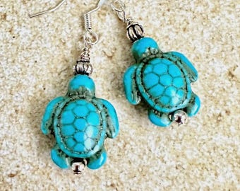 Turquoise Turtle Earrings, Sea Turtle, Coastal Ocean Jewelry