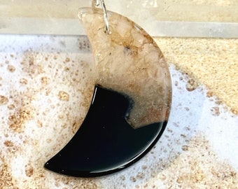 Natural Crystal Agate Stone, Crescent Moon Pendant on Cord 2.4”