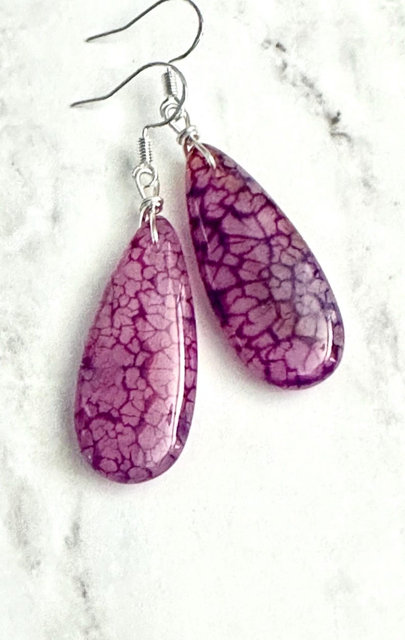 Magenta Agate Earring & Pendant Set, Teardrop Dragon Vein Agate on Cord or Chain image 2