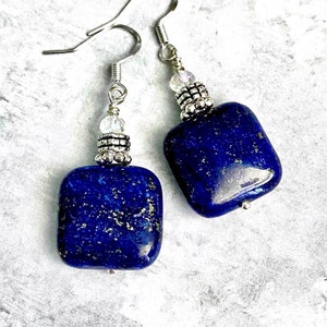 Lapis Lazuli Earrings, Square Lapis Earrings, Blue Lapis Earrings, Blue Stone Earrings, Gift For Her