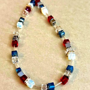 Sparkling Crystal Necklace 18”, Glass Cube Choker Red White Blue