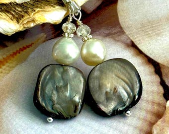 Ocean Inspired Mother of Pearl Earrings, Freshwater Pearl Shell Earrings 1.75 inch