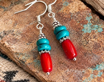 Handmade Turquoise & Red Coral Earrings, Real Turquoise, Dainty Southwestern Dangle 1.5 inch