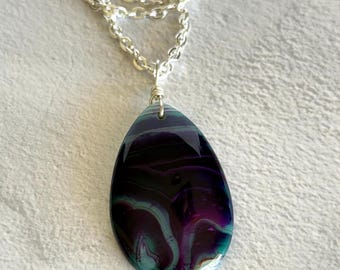 Teardrop Agate Pendant Necklace – Deep Purple Green Banded Stone on Chain