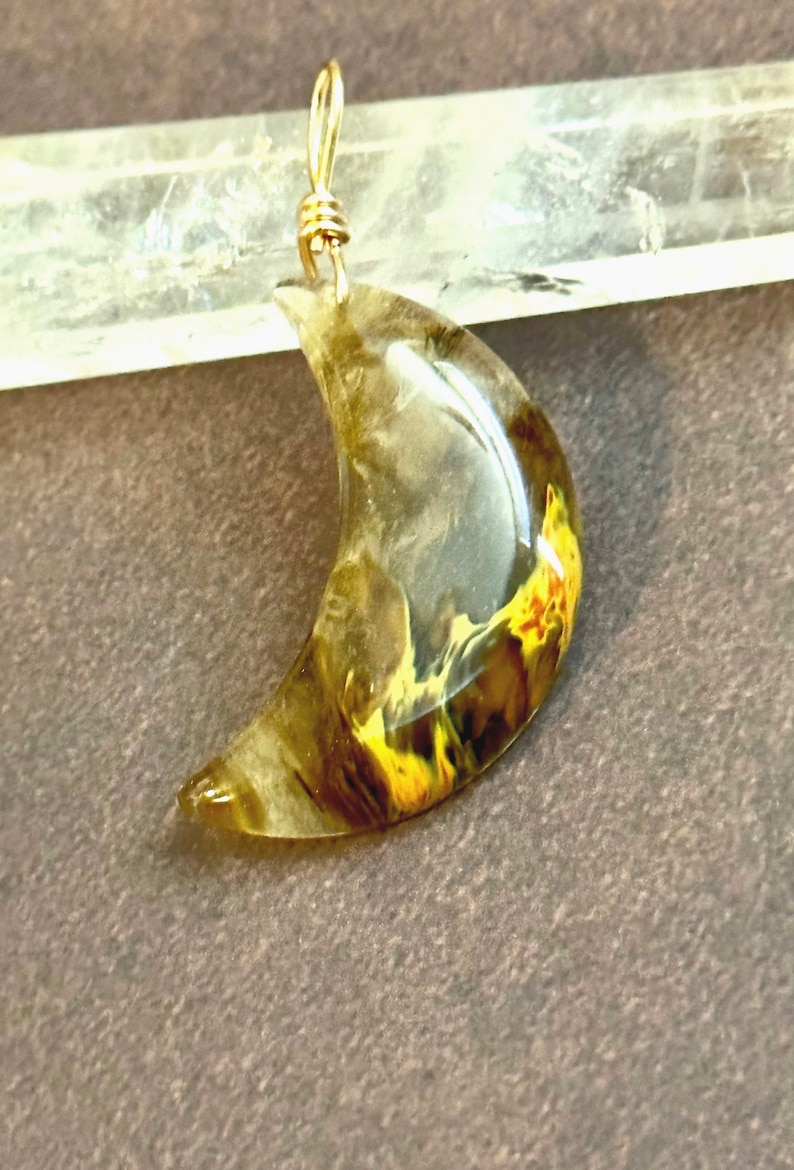 Fire Quartz Stone Pendant Necklace Gold, Crescent Moon on Cord, Half