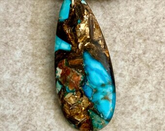 Copper Turquoise Pendant on Cord,  Gold Wire Wrapped Turquoise Pendant Necklace 2.5 inch