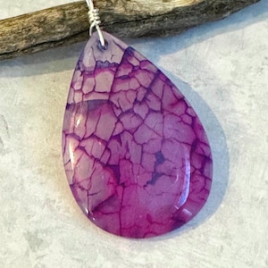 Large Dragon Vein Agate Pendant: Purple Magenta Stone on Silk Cord