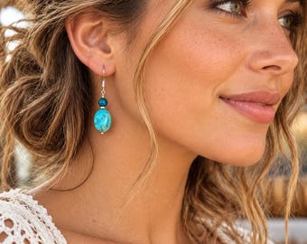 Genuine Turquoise Earrings with Azurite Gemstone,  Natural Turquoise Dangle  1.75”