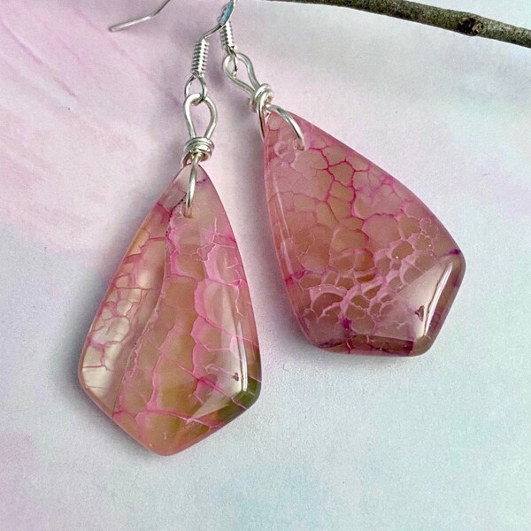 Pink Peach Stone Earrings, Pink Dragon Vein Agate Earrings, Gift Idea