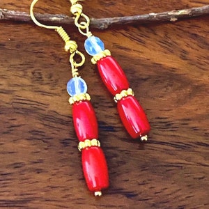 Long Thin Red Coral Earrings gold, Thin Coral Earrings with Moonstone, Coral Drop Earrings, Gift Idea