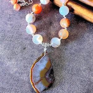 Agate Pendant Necklace & Earrings Set, Peach Orange Gemstone