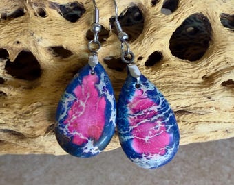 Teardrop Sea Sediment Jasper Earrings, Blue &  Pink Teardrop  Earrings,  2 inches