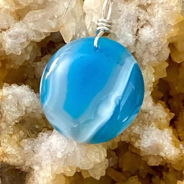 Bright Blue Stone Pendant, Wire Wrapped Blue Agate Pendant on Cord, Round Stone Pendant, Gift Idea