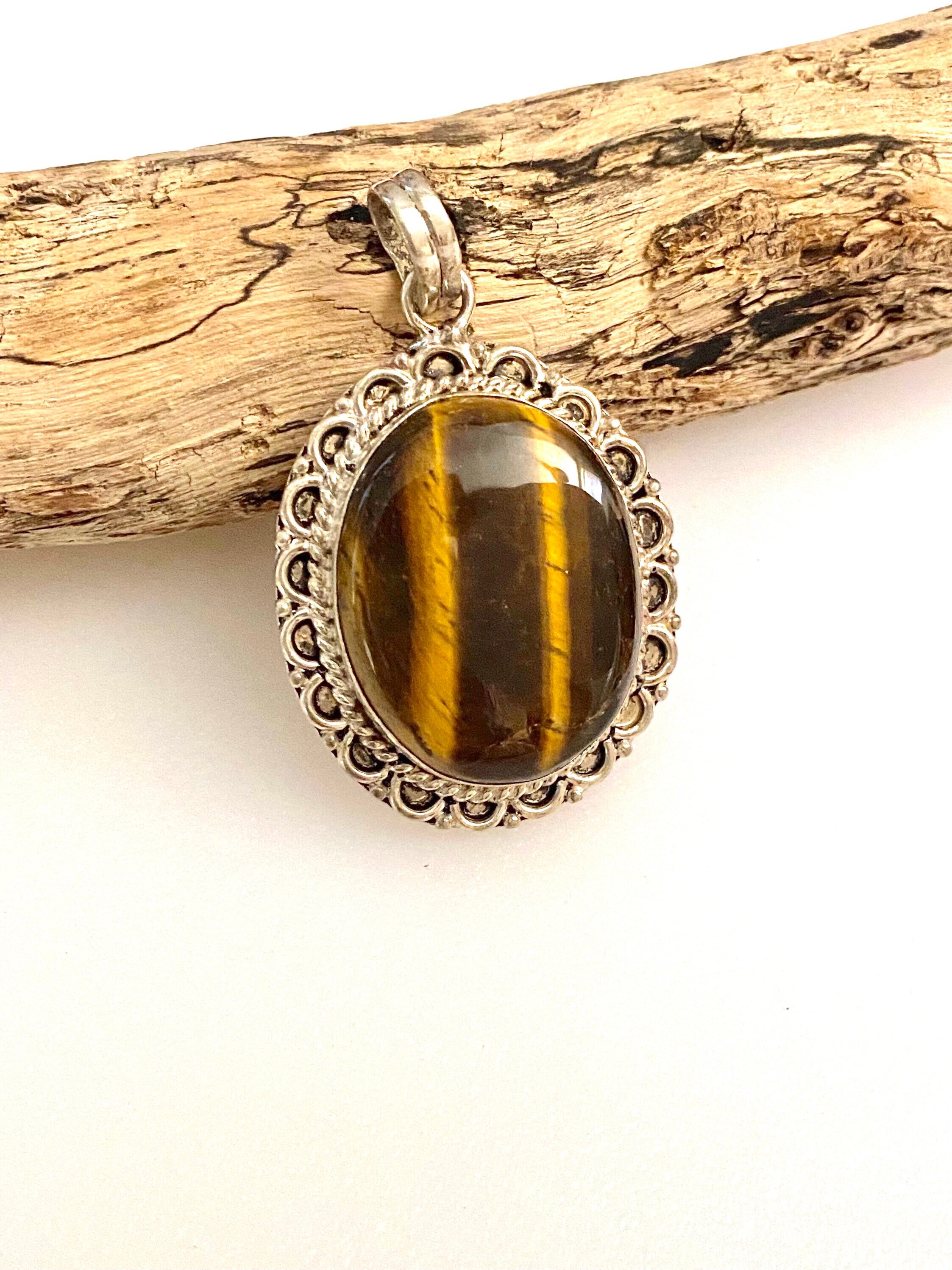 Large Tigers Eye Pendant Tigers Eye Silver Pendant Antiqued Etsy