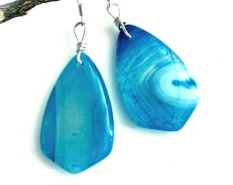 Ocean Blue Agate Earrings, Teardrop Aqua Blue Dangles 2.2 inch