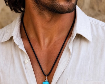Natural Turquoise Nugget Pendant, Genuine Freeform Stone, Dainty Small or Medium Large on a 25 inch Cord or 18 inch Stainless Steel Chain