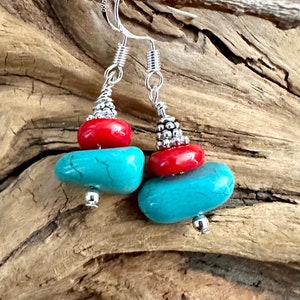 Coral & Turquoise Earrings: Sterling Silver Red and Blue Drop Earrings