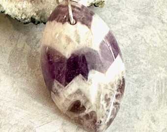 Chevron Amethyst Pendant on thin leather Cord,  Banded Purple & Cream Stone