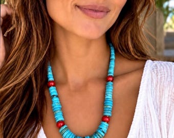 Turquoise & Coral Gemstone Disc Necklace, Graduated Stone Necklace, Red Coral Necklace, Pearl and Turquoise, Choose Stone and Length