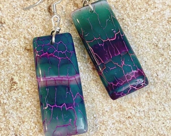 Dragon Vein Agate Earrings – Teal & Violet Rectangle Earrings, 2.2” Sterling Silver Ear Wires