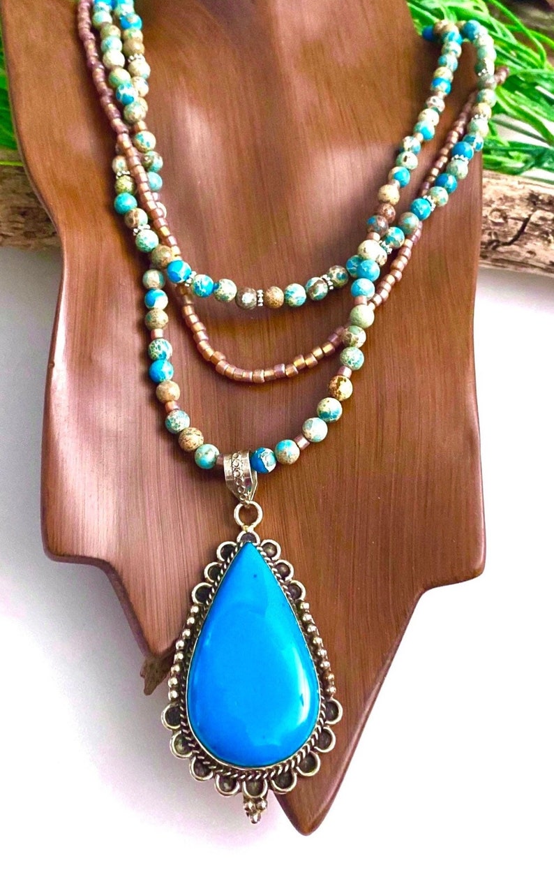 Colorful Multi Strand Pendant Necklace, Large Turquoise Blue Pendant ...