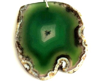 Large Agate Slice Pendant Necklace, 3 inch Green Agate Crystalized Center on Black Knotted Cord