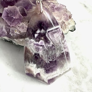 Natural Amethyst Pendant 2.5”, Natural Chevron Amethyst Wire Wrapped on 25” Silk Cord