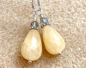 Butter Yellow Teardrop Earrings,  Yellow Angelite Earrings with Crystal Accent
