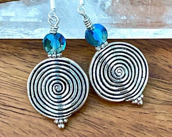 Silver Disc Earrings: Blue Crystal Swirl Dangles