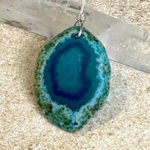 Blue Green Agate Slice Pendant: 2-inch Stone on Black Cord
