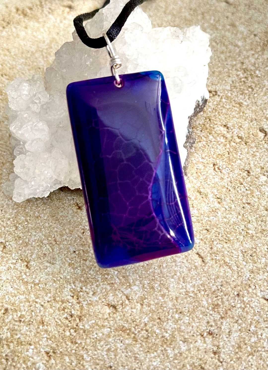 Purple Blue Stone Pendant, Purple Blue Agate Pendant on Cord, Gift Idea Etsy
