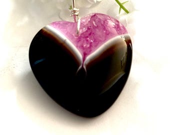 Pink & Black Agate Heart Pendant Necklace • Wire Wrapped Crystal Pendant on Cord