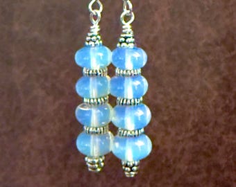 Opalite Crystal Drop Earrings 2”, Iridescent Blue Glow Earrings