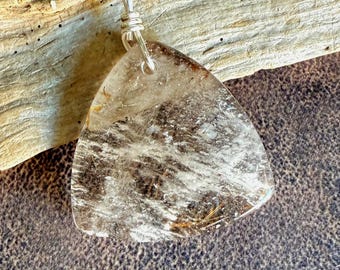 Natural Rutilated Quartz Crystal Pendant on Cord or Chain,  Golden Crystal Slice,  Wire Wrapped Crystal Gemstone