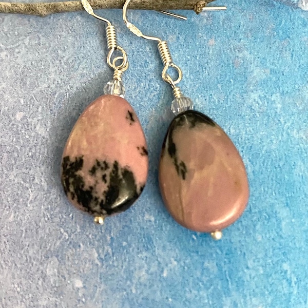 Dainty Rhodonite Earrings, Pink Stone Earrings, Black & Pink Stone Earrings, 1.5 inches, Gift for Her