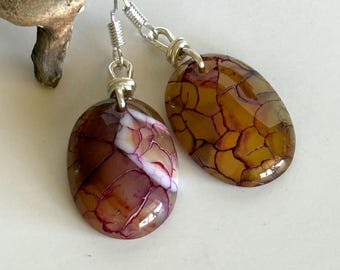 Oval Dragon Vein Agate Earrings, Crackle Agate Earrings 2 inch