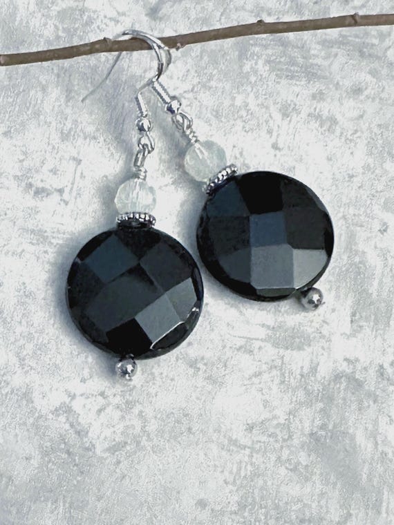 Round Black Onyx Earrings silver Onyx Drop Earrings Round Black Earrings for Women Gift Idea Etsy