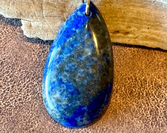 Natural Lapis Lazuli Teardrop Pendant – Gold or Silver Wire Wrapped – Black Cord