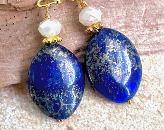 Teardrop Lapis Lazuli Earrings with crystal gold accents
