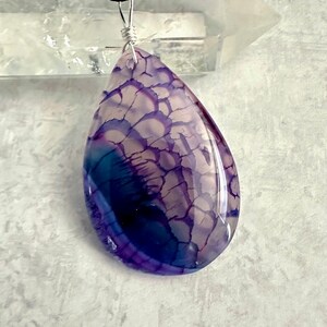 Purple Dragon Vein Agate Pendant: Druzy Stone on Black Silk Cord