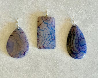 Large Dragon Vein Agate Teardrop Pendant  on Cord,  Blue Purple Wire Wrapped Pendant, Choose Stone